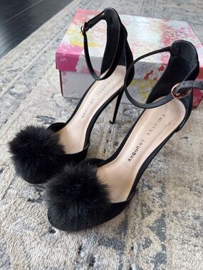 Chinese Laundry Black Pom-Pom Ankle Strap Stiletto Heels size 8